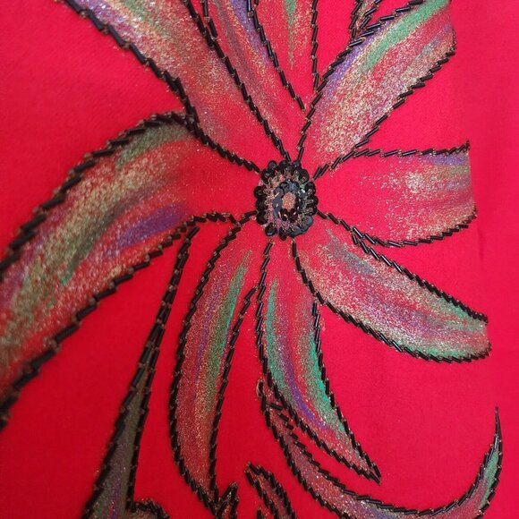 Vintage Handmade Wool Red Beaded Poncho Shawl Long Flowy Geometric Floral - Picture 12 of 13